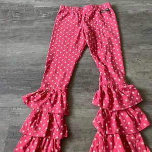 Reddish, pink, yellow polkadot, ruffle bell, bottom pants, Matilda, Jane size 4